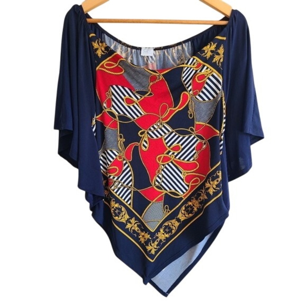 Suzy Shier‎ Nautical Rope Print Stretch Flutter Sleeve Bandana Top Medium